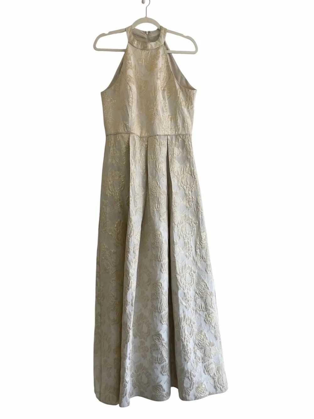 Ignite Evening High Neck Jacquard A-Line Maxi Dress in Cream and Gold
